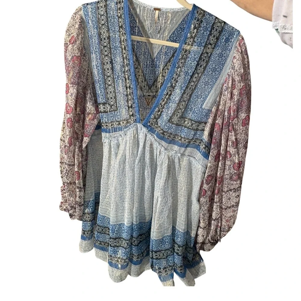 Free People Alyiah Blouse Boho Puff Sleeve Top Blouse‎ sz S